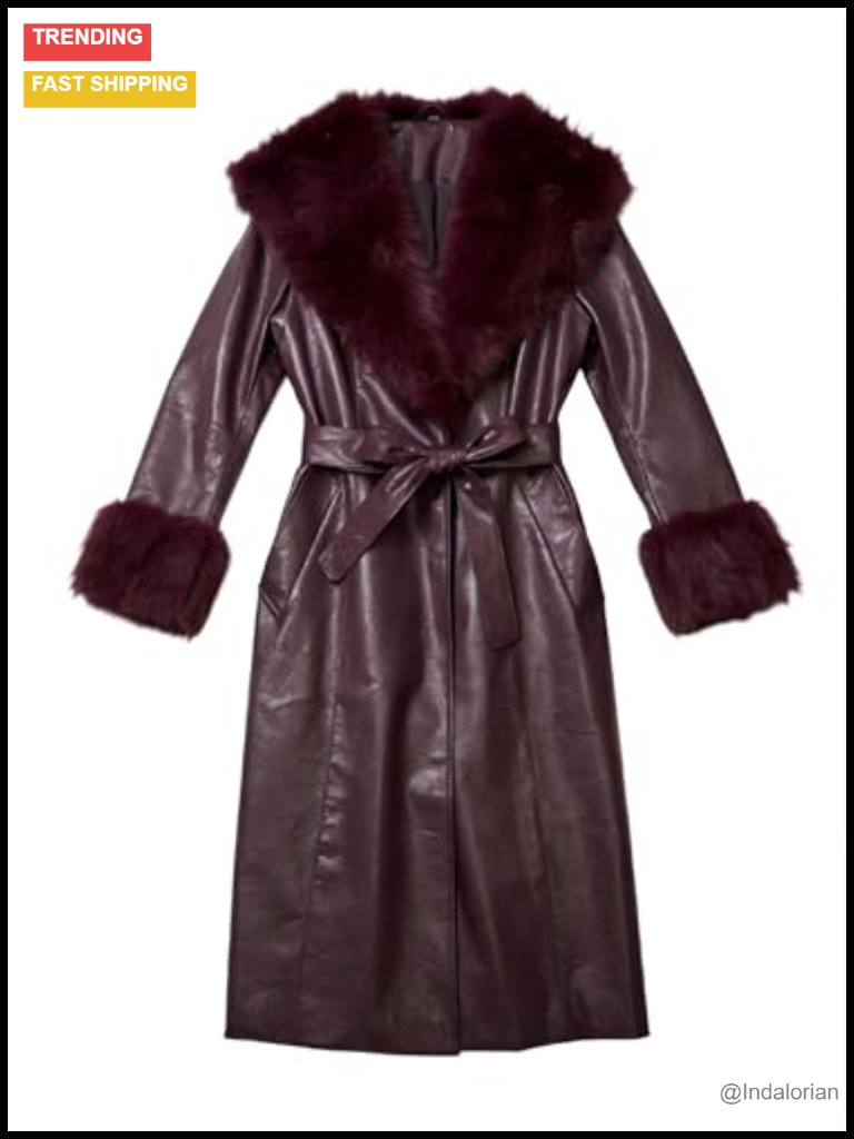 Women's Faux Leather Coat With Faux Fur Collar, Long Sleeve, Belted Winter